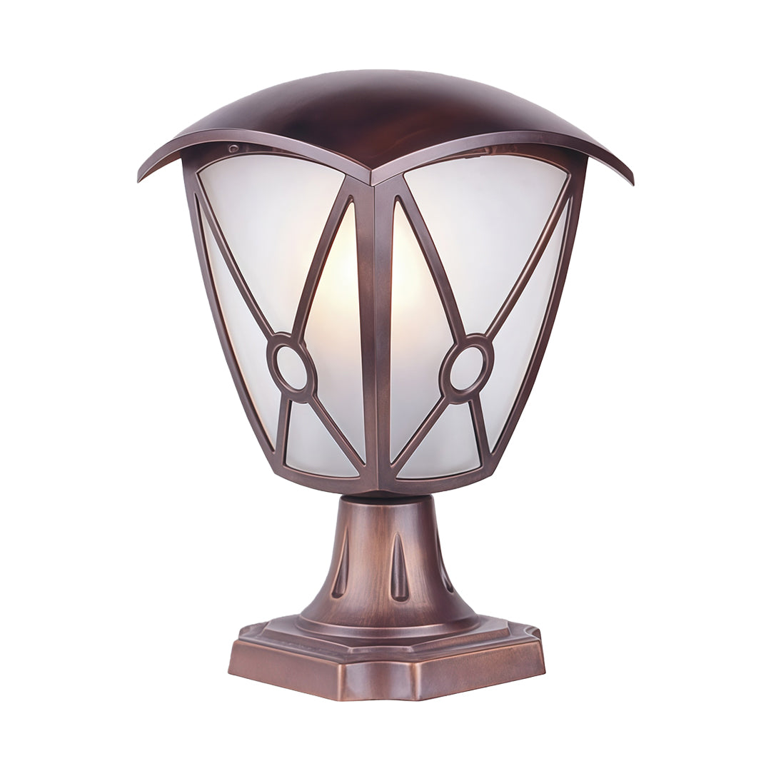 Modern aluminum pillar light featuring geometric frosted glass design and metallic bronze coating on white background