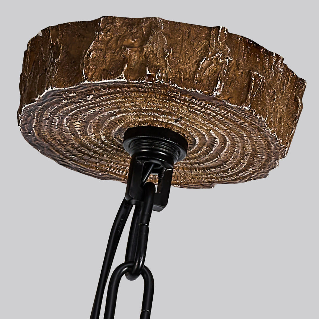 Modern antler chandelier ceiling canopy detail with rustic textured mounting hardware.
