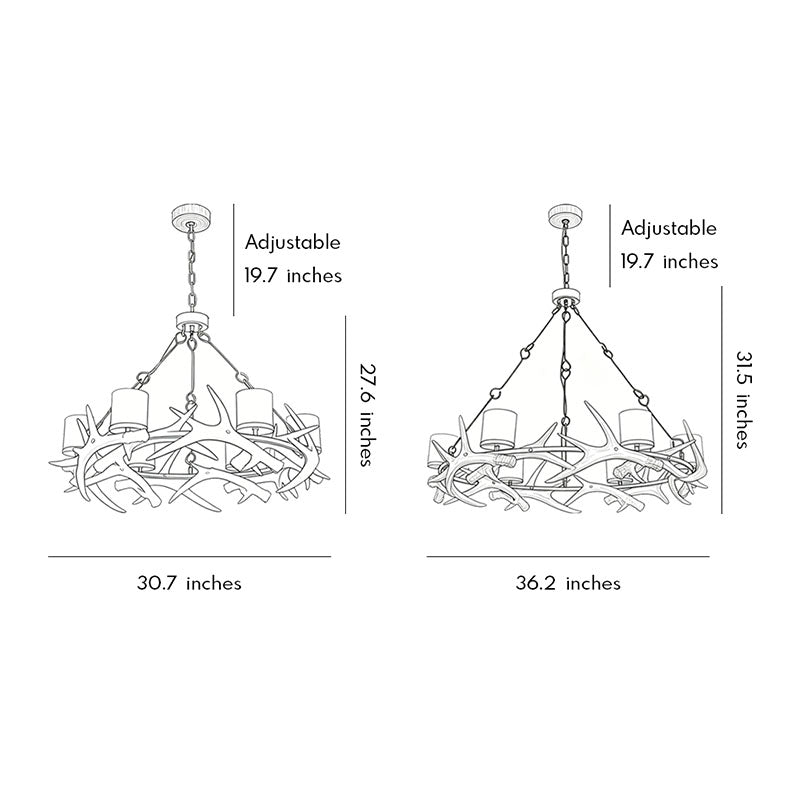 Modern antler chandelier dimension drawing displaying multiple size options and adjustable height.