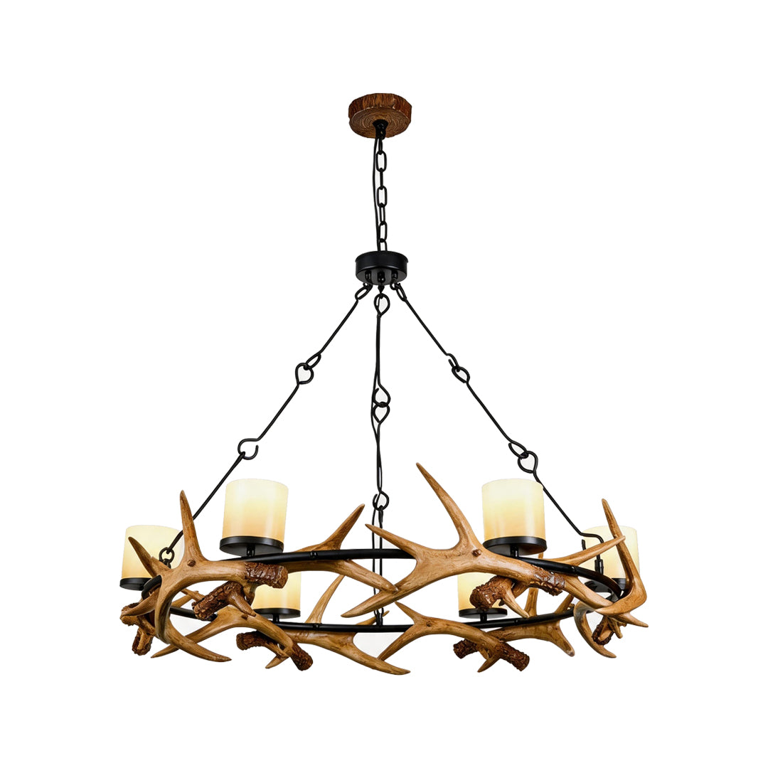 Modern antler chandelier large round version with multiple candle lights and chain suspension.