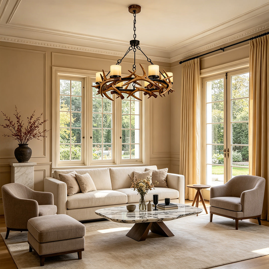 Modern antler chandelier featured in an elegant living room with warm ambient lighting.