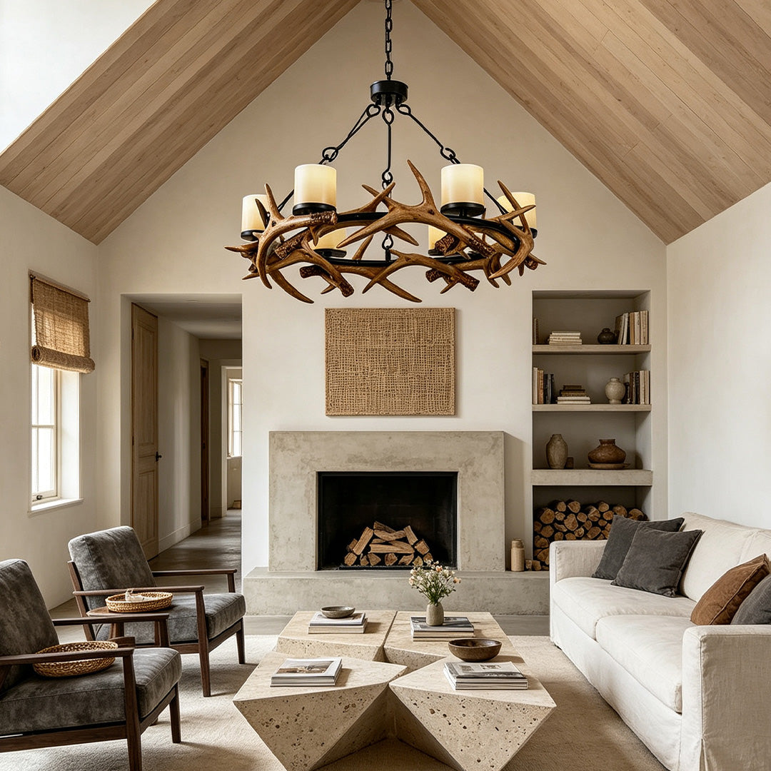 modern antler chandelier in a vaulted rustic living room