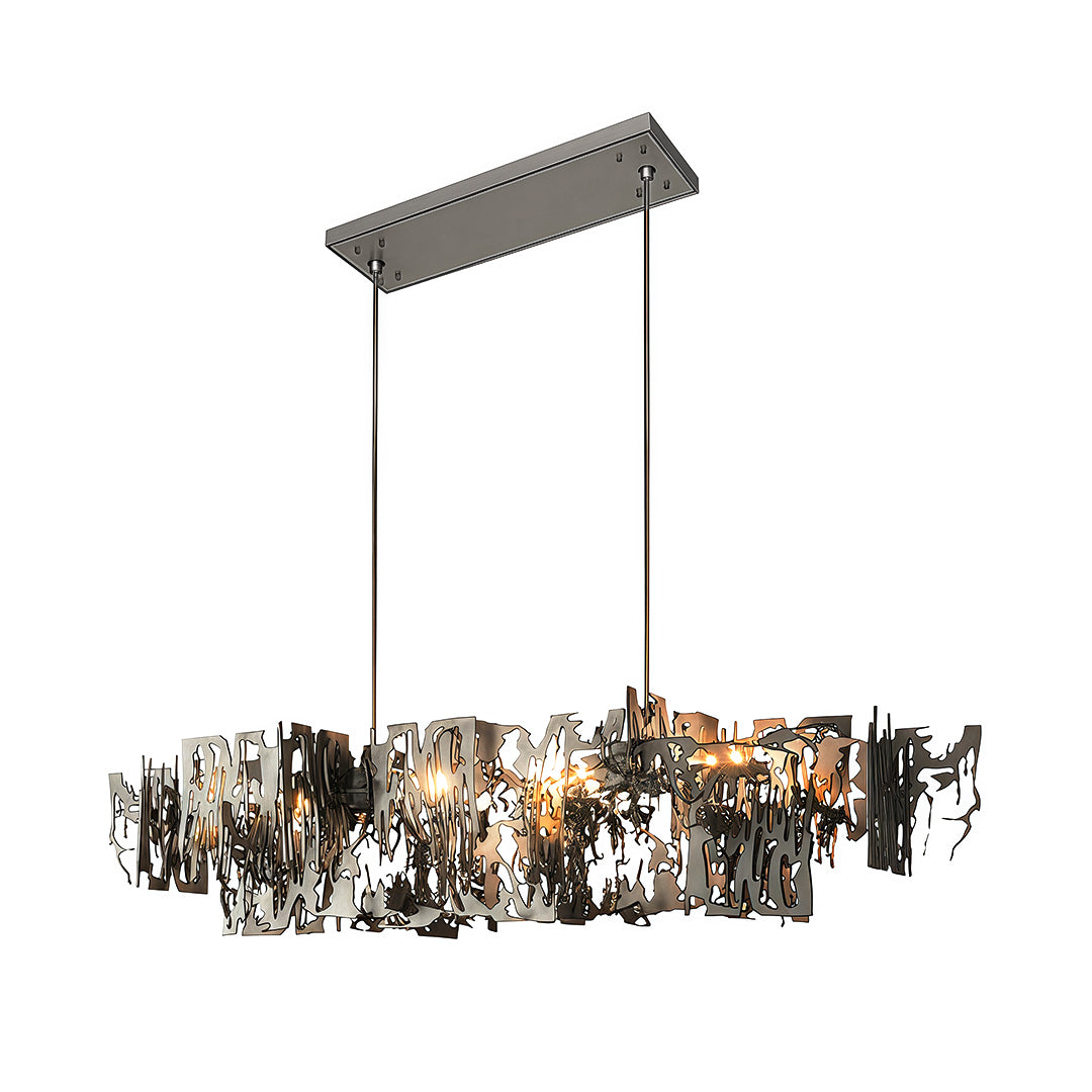 Modern art deco chandelier with a gold finish, providing elegant light in a modern dining room.