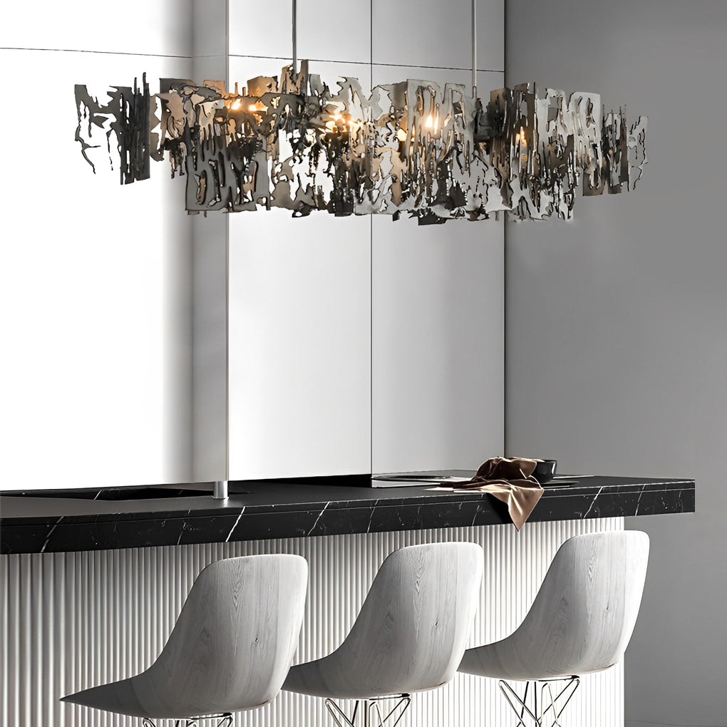 Modern art deco chandelier with a minimalist design, illuminating a chic living room.