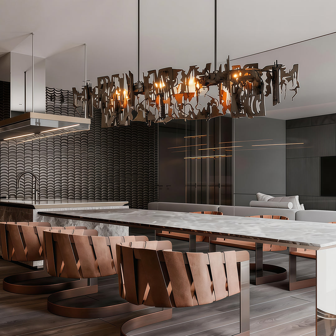 Modern art deco chandelier with a sleek gold and crystal structure, enhancing a contemporary dining area.
