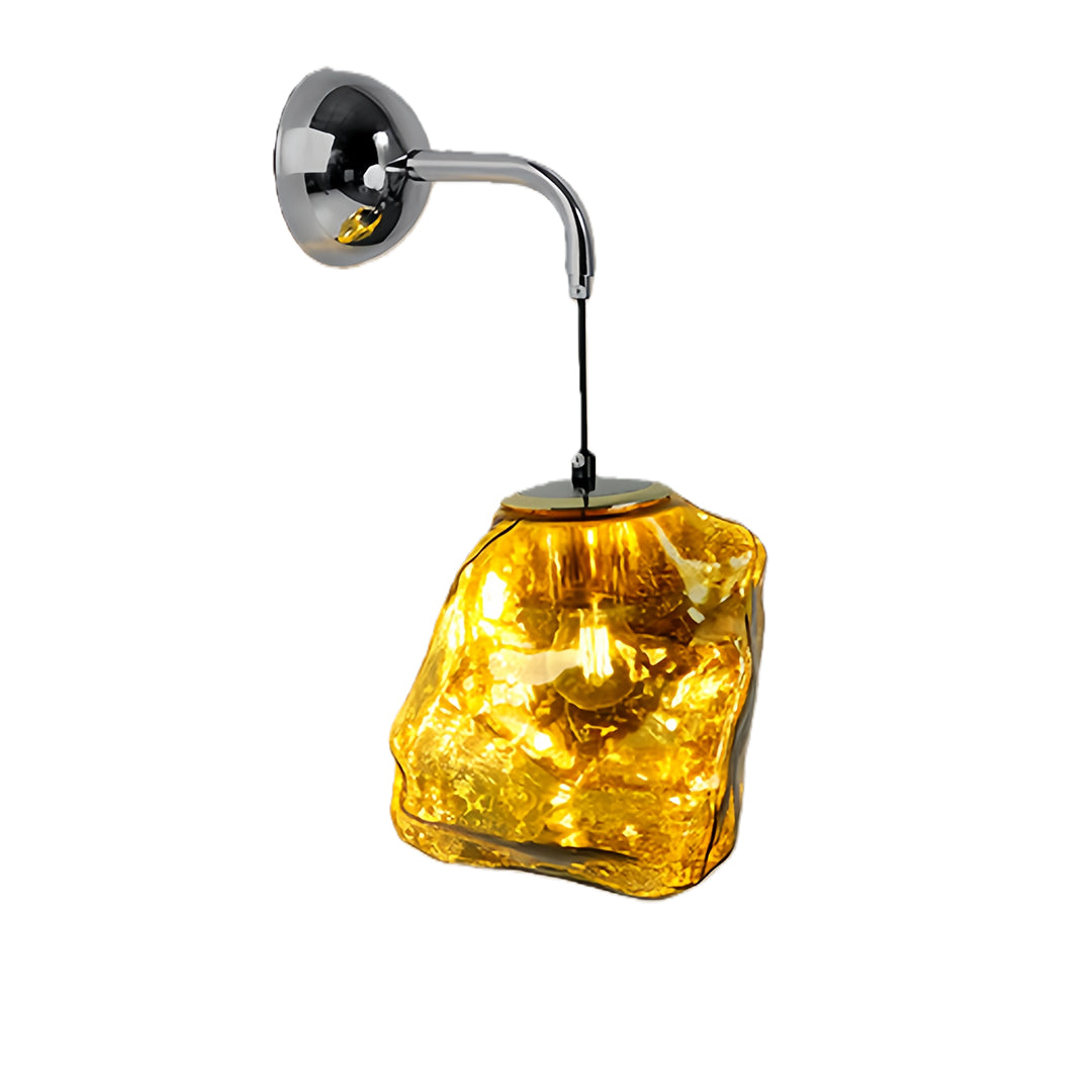 Modern art deco wall sconce lighting showcasing geometric amber glass shade with polished chrome hardware