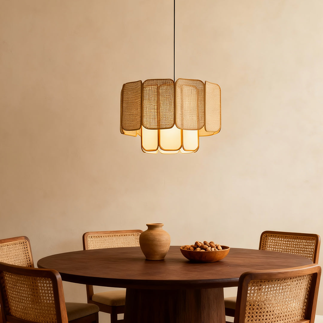 Modern bamboo pendant light with simple yet elegant design, creating a relaxed atmosphere in a home office.