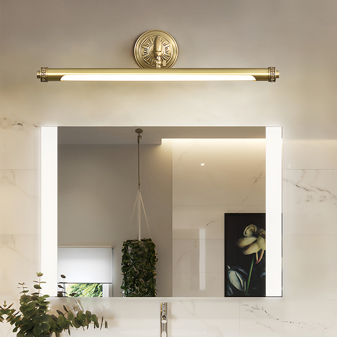 Gold bathroom vanity light providing task lighting in modern bathroom with built-in shelving