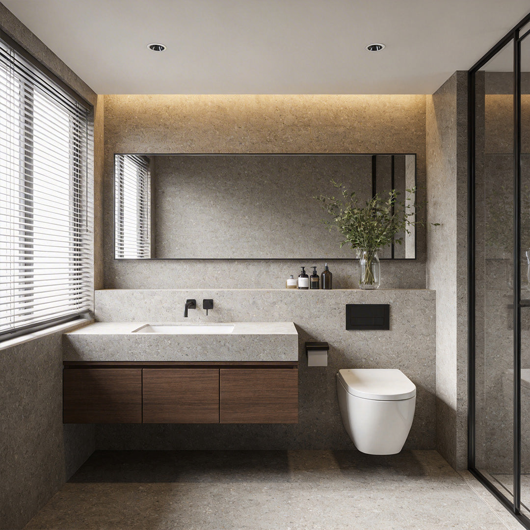 Modern bathroom with inset ceiling spotlights providing soft and even lighting.