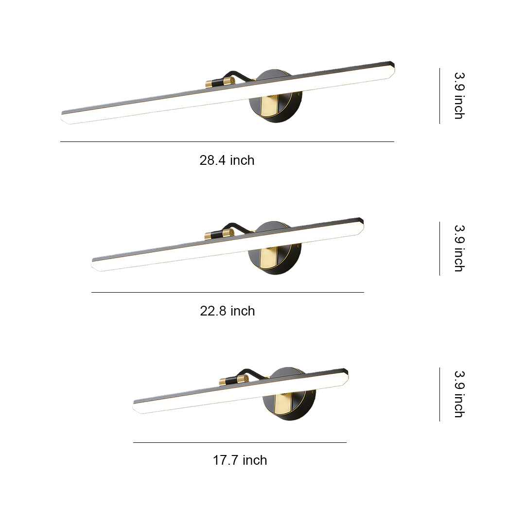 Modern bathroom vanity LED light with a sleek black and gold design, perfect for contemporary bathrooms.