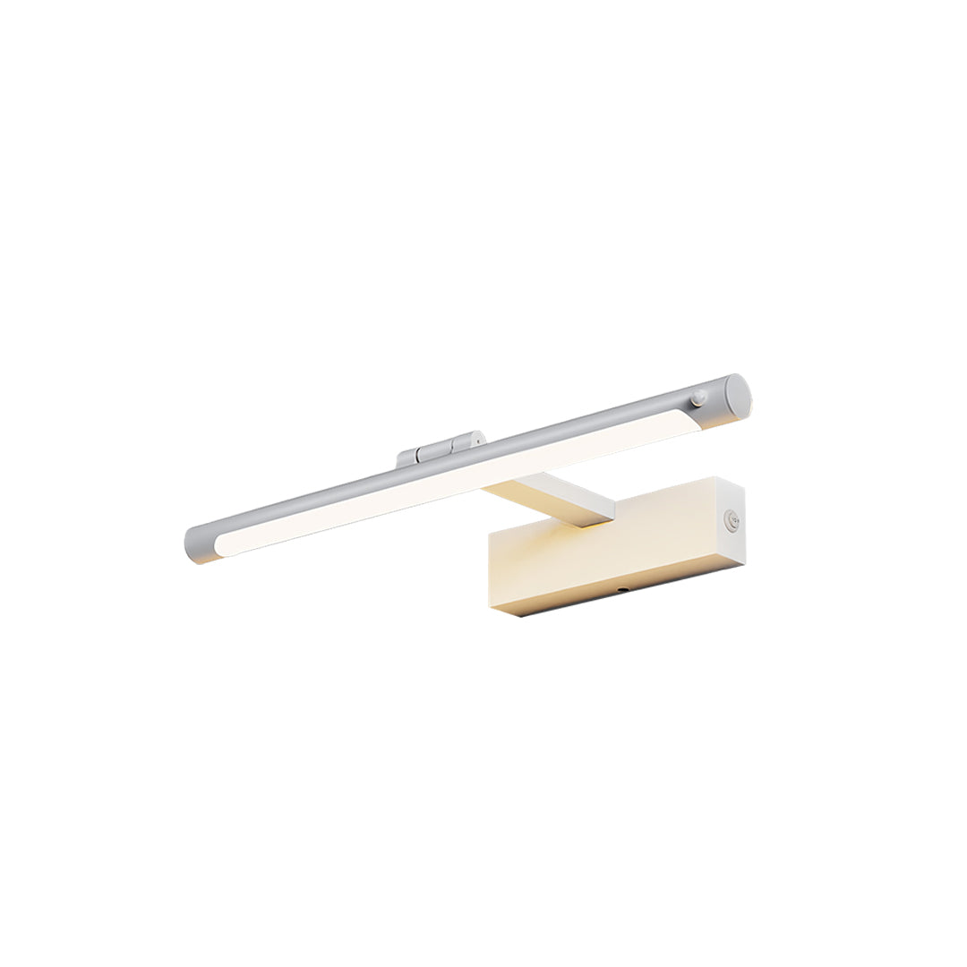 Modern bathroom vanity light with wood grain accent base and chrome LED light bar