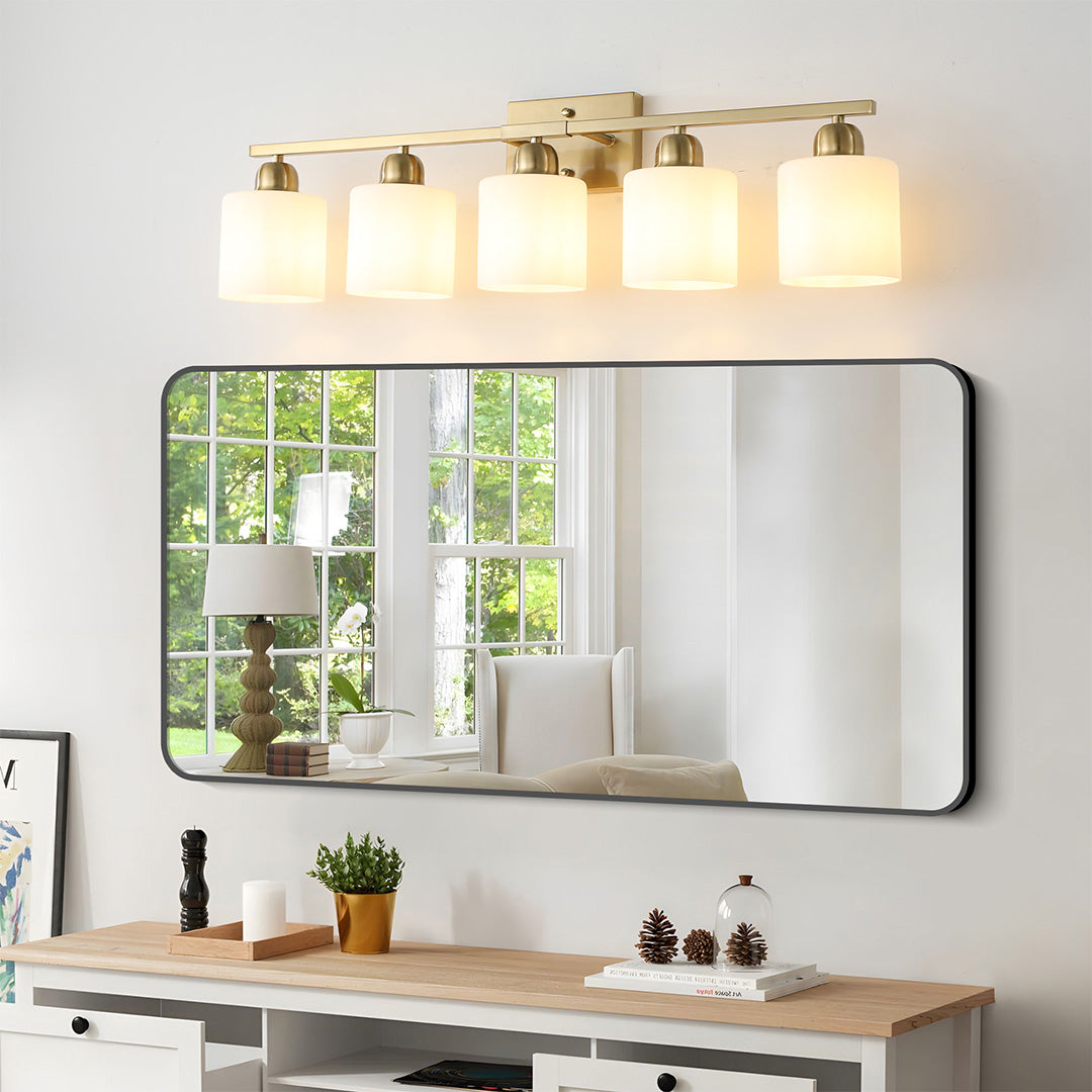 Brighten your bathroom with modern vanity lights featuring 5 opal glass shades for a sleek and elegant lighting design.