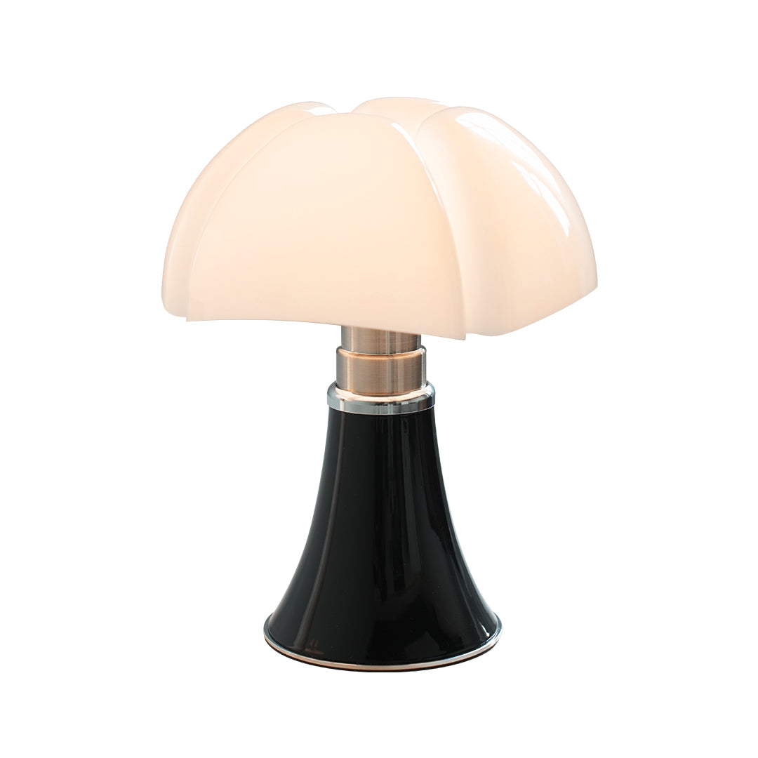 Modern Bauhaus mushroom table lamp with black glossy base and white dome shade.