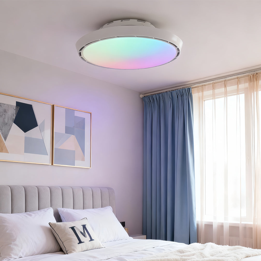 Modern ceiling fan with light in a bedroom, stylish and functional indoor lighting solution