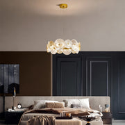 Large glass chandelier in a modern bedroom, sophisticated and elegant ceiling lighting