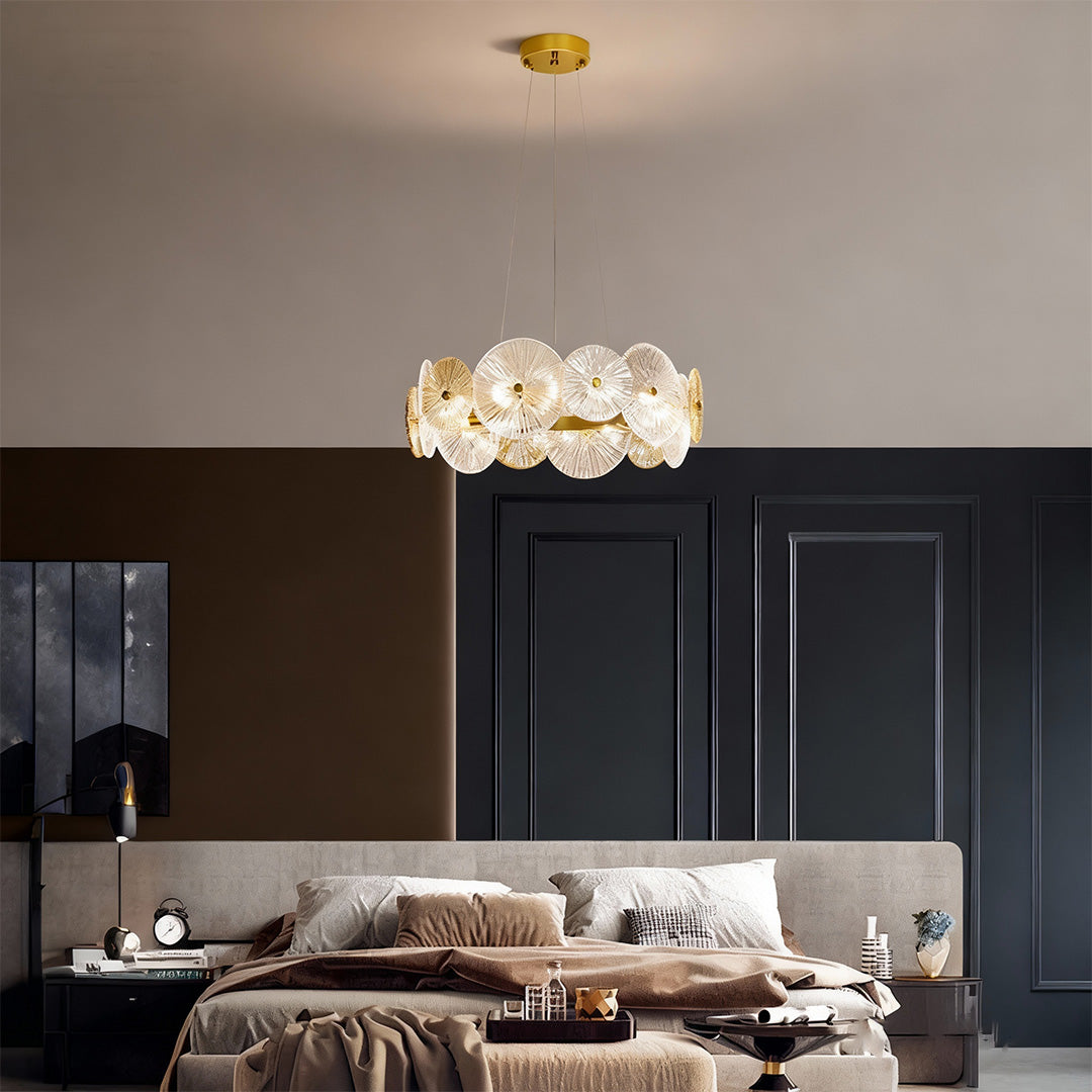 Large glass chandelier in a modern bedroom, sophisticated and elegant ceiling lighting