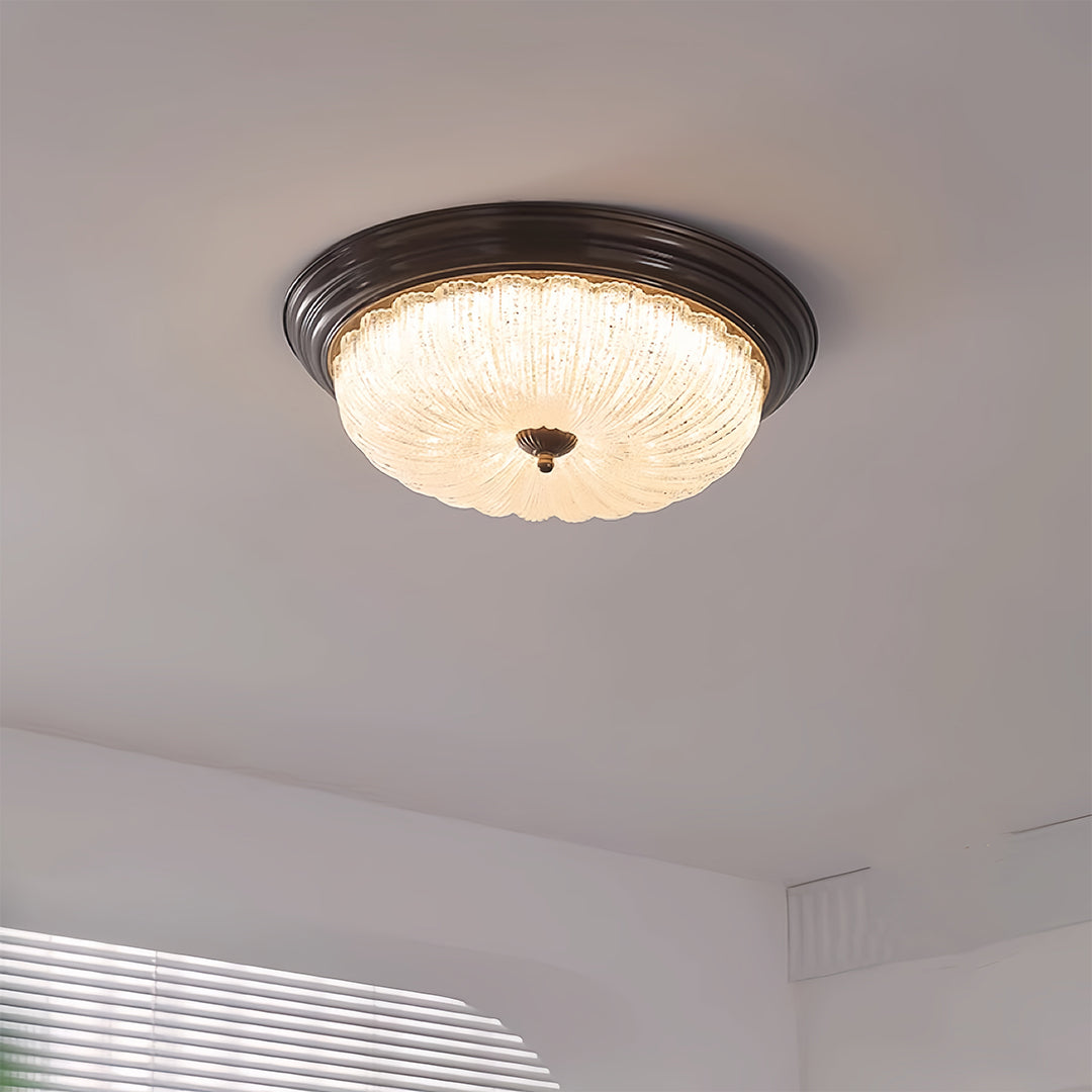 Vintage retro flush mount ceiling light in a modern bedroom, stylish crystal lighting fixture