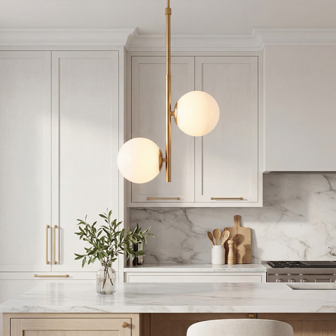 Elegant Vertical Gold Pendant lighting with dual frosted globes in a cozy modern bedroom.
