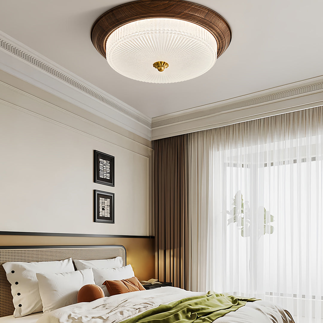 Modern bedroom with vintage art deco flush mount ceiling light, stylish and elegant lighting