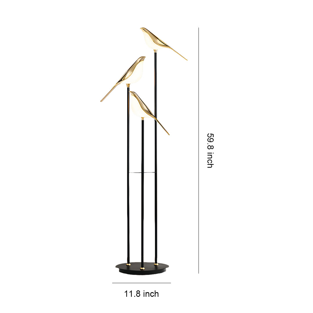 Modern bird floor lamp with three adjustable bird-shaped LED lights on black stems for contemporary decorative lighting