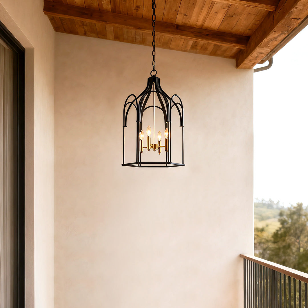Modern black metal lantern chandelier with candle-style bulbs in a cozy hallway