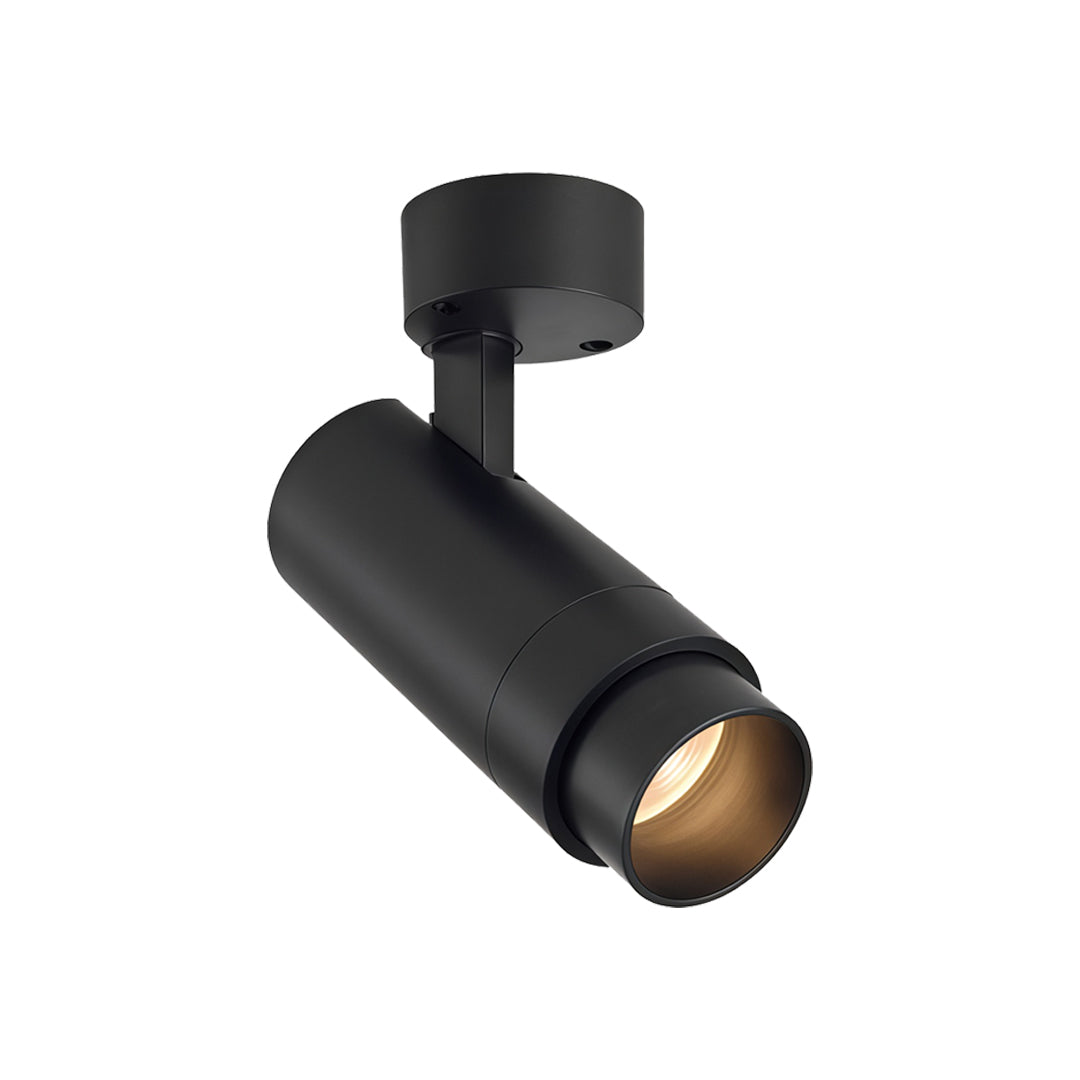 Modern black adjustable LED can lights displayed with cylindrical spotlight head and ceiling mount base.