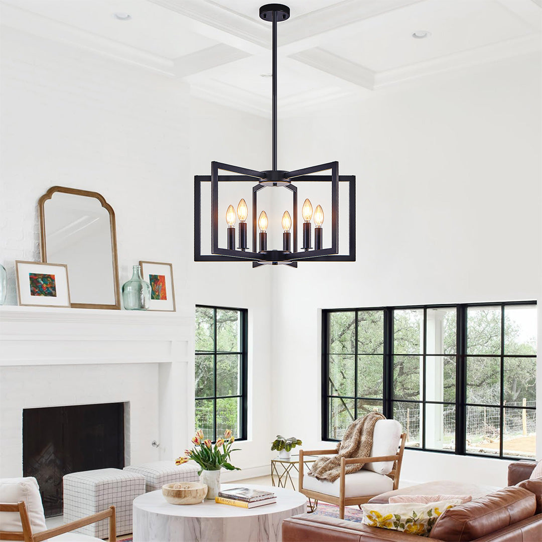 Modern black candle chandelier with multiple lights, creating balanced illumination in the space.