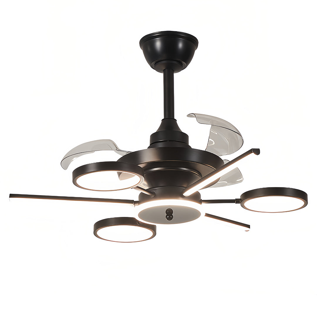 Modern ceiling fans with multiple lights in black finish, showcasing a stylish and functional design