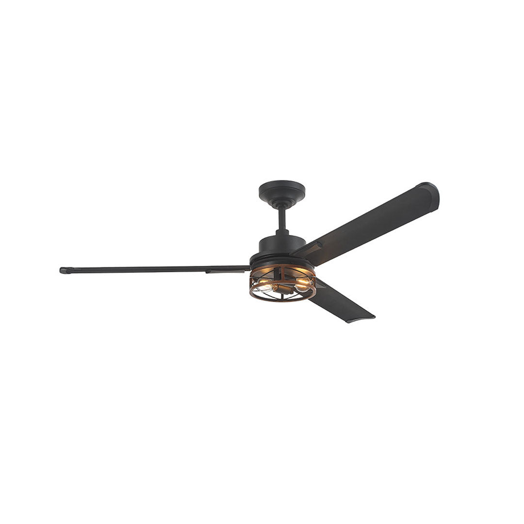 Black ceiling fan with lighting featuring three slim blades and a decorative caged light fixture.