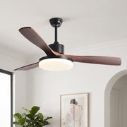 Modern black ceiling lights with fan featuring three curved wood blades and a round frosted white shade in a bright, contemporary room.