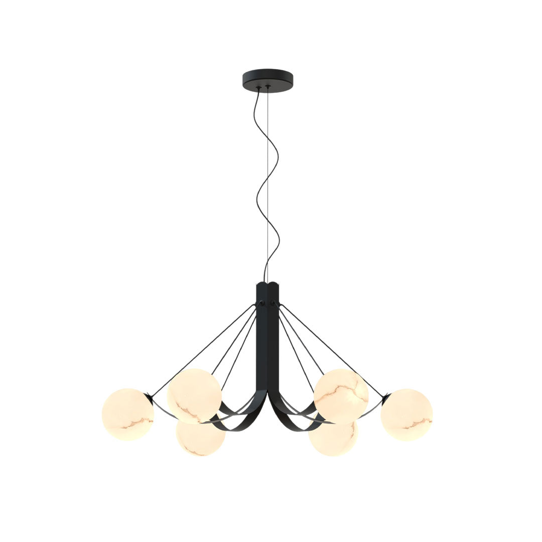 Product view of modern black chandelier with multiple curved arms and globe light arrangement.