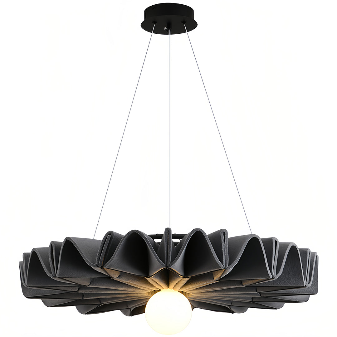 Modern black ruffled cloth chandelier with pleated shade detail and exposed bulb 