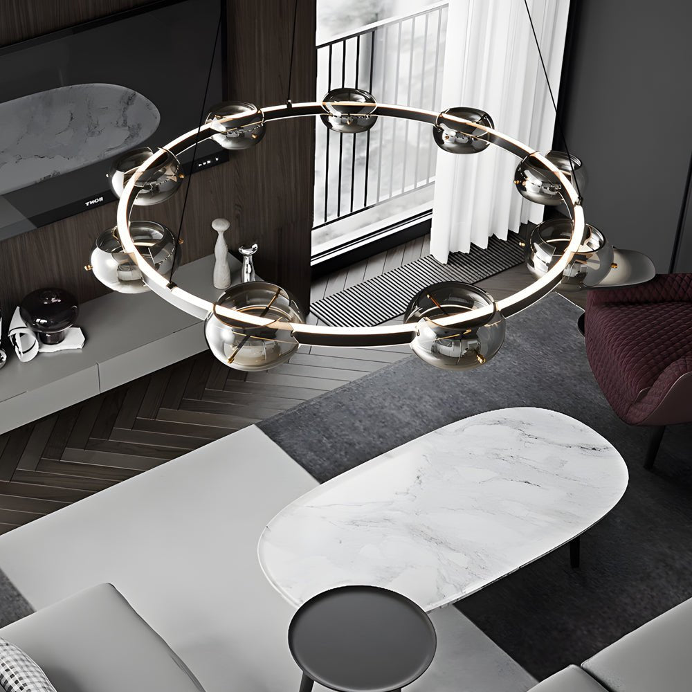 Modern Black Copper Ring and Glass Sphere LED Chandelier