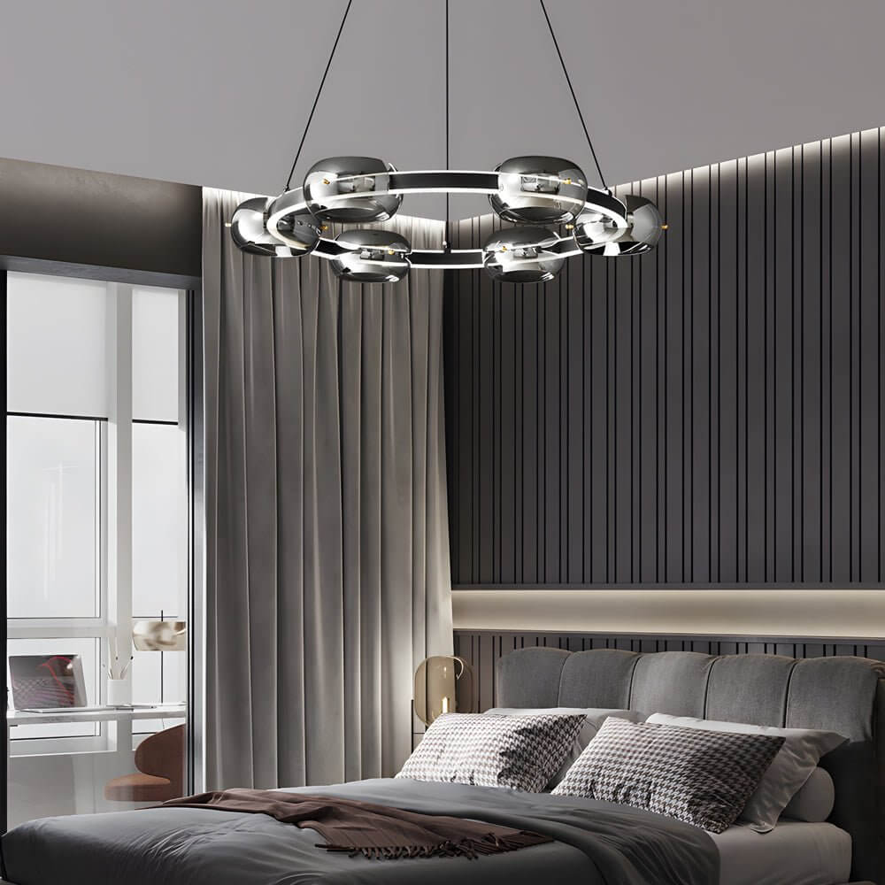 Modern Black Copper Ring and Glass Sphere LED Chandelier
