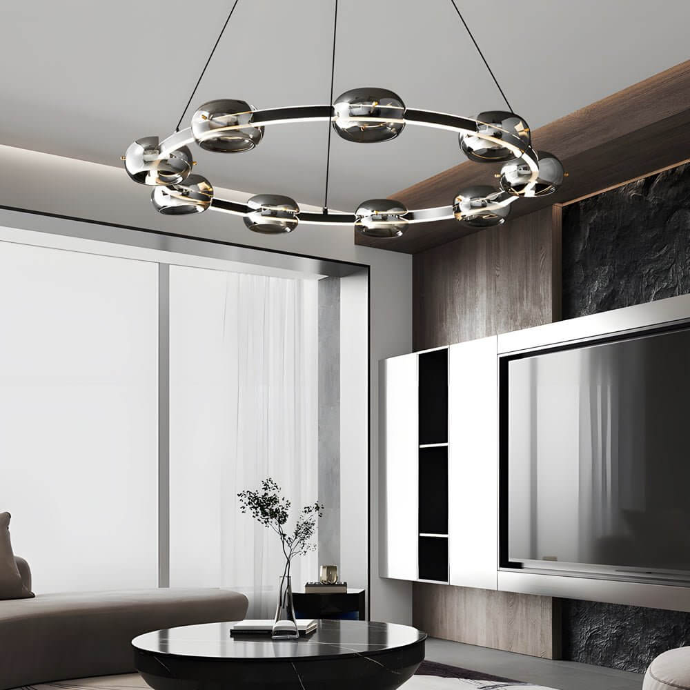 Modern Black Copper Ring and Glass Sphere LED Chandelier