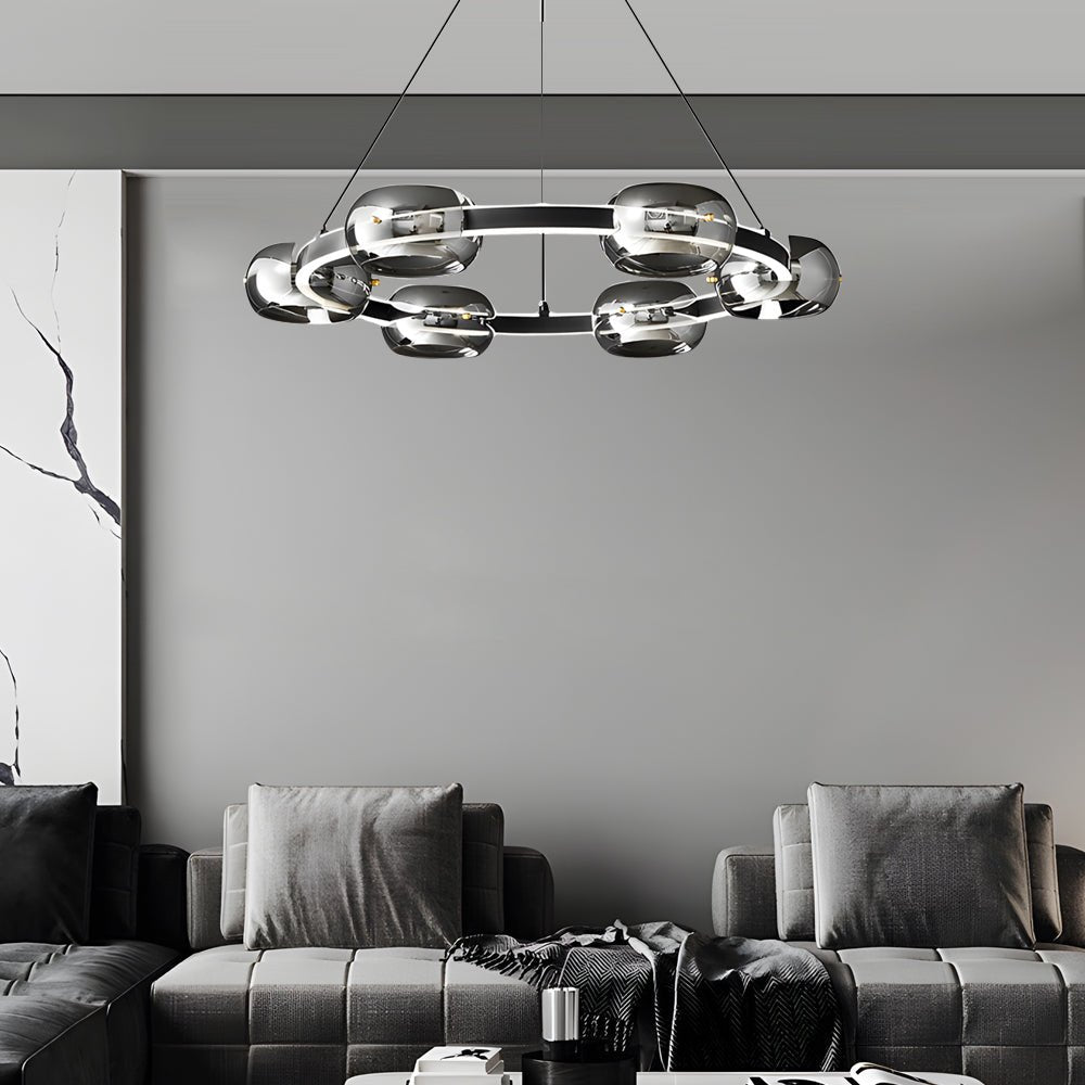 Modern Black Copper Ring and Glass Sphere LED Chandelier