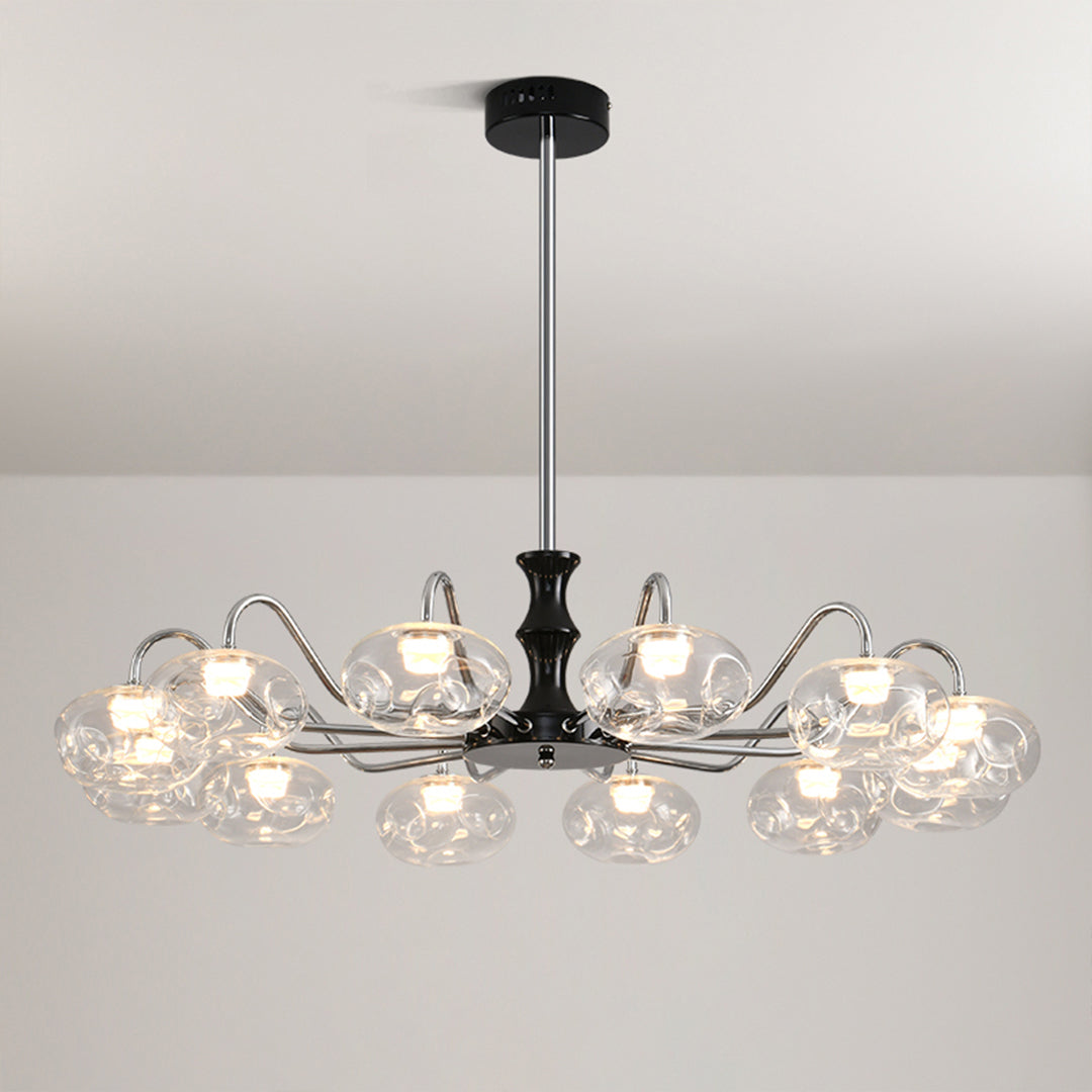 Modern art glass chandelier with sleek black finish displayed against neutral background showcasing design details