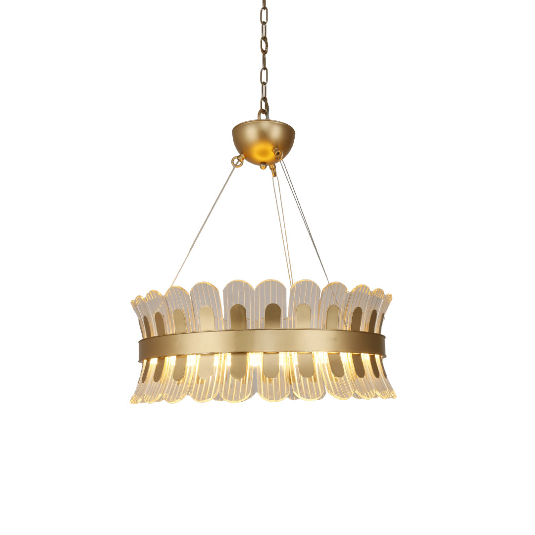 Elegant gold candle-style chandelier with detailed metal frame for luxurious spaces
