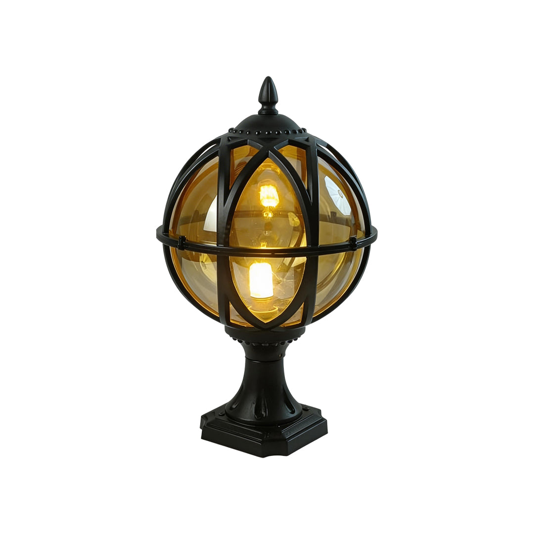 Modern black globe pillar light with a cage design and warm LED glow on a white background ok
