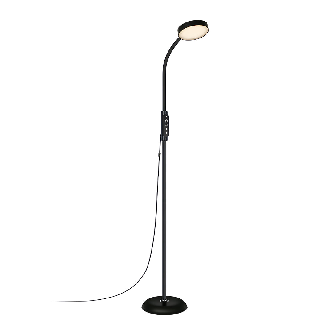 Modern led reading floor lamp with black finish featuring adjustable neck for directional lighting