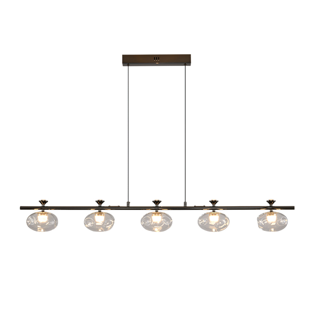Modern linear glass chandelier with black finish featuring five clear glass globe elements