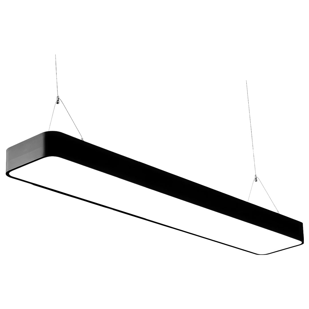 Modern black long rectangular chandelier installed above workstations, providing ambient light for office spaces.