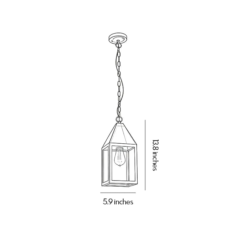 Modern black outdoor pendant light dimension drawing showing the fixture height, width, and hanging proportions.