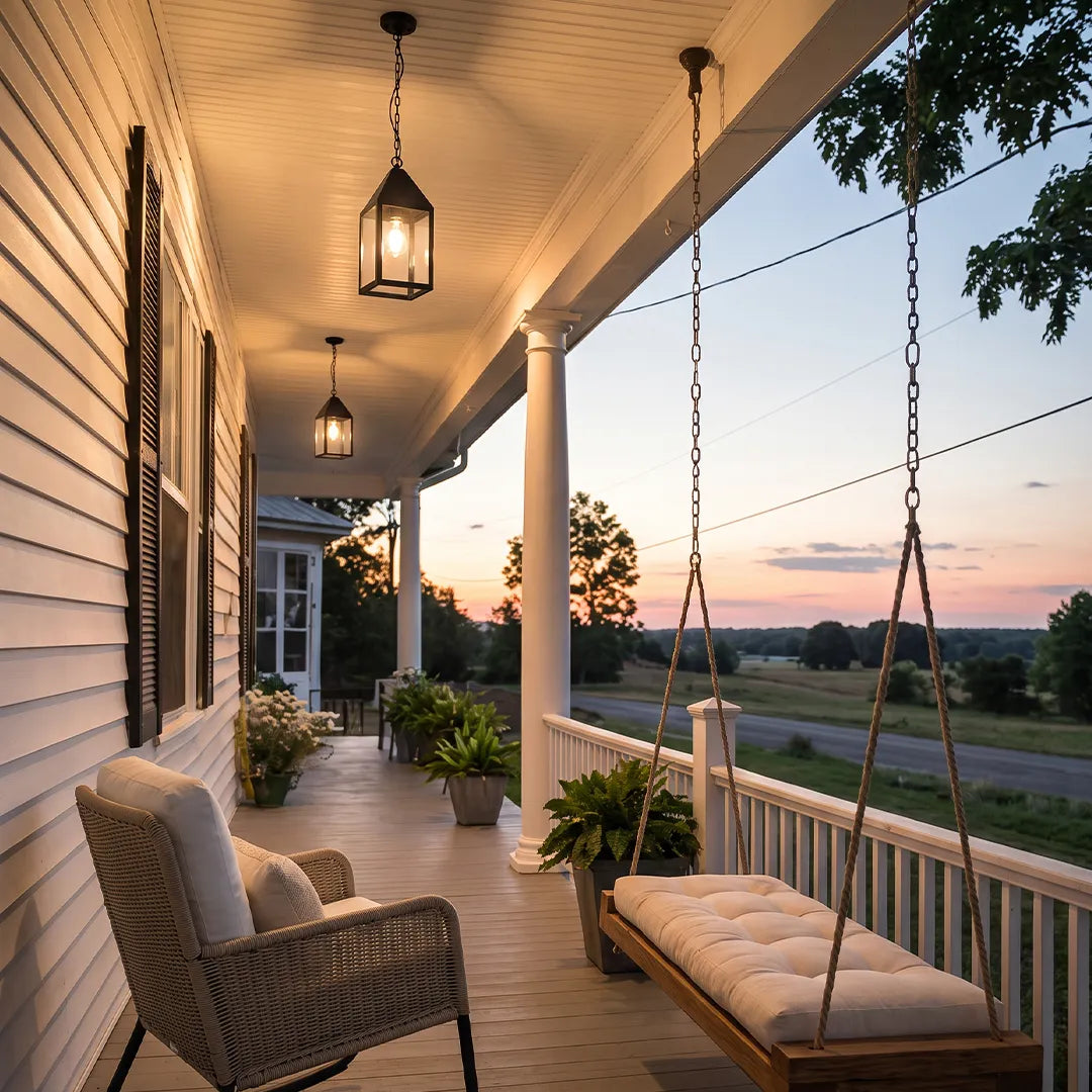 Modern black outdoor pendant lights hanging along a farmhouse-style porch with a swing and sunset view.