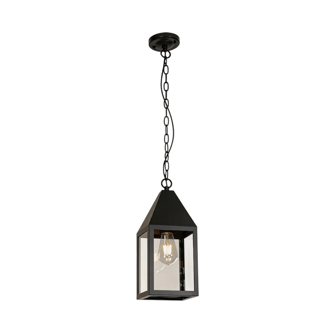 Modern black outdoor pendant light shown as a full hanging fixture with chain suspension and lantern-style frame.