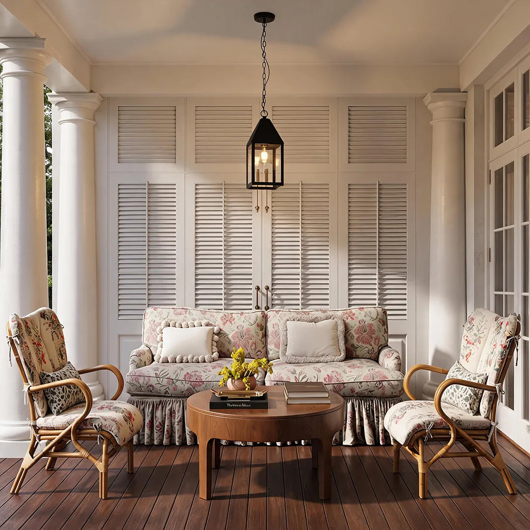 Modern black outdoor pendant light centered above a cozy covered porch lounge with cushioned seating and white shutters.