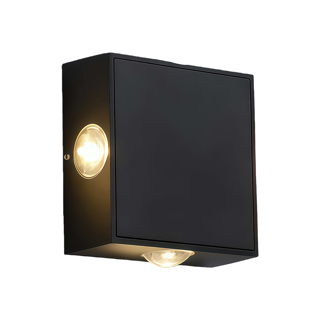 Modern black outdoor sconce light with glass shade chandelier aesthetic in square profile with dual up-down light openings.