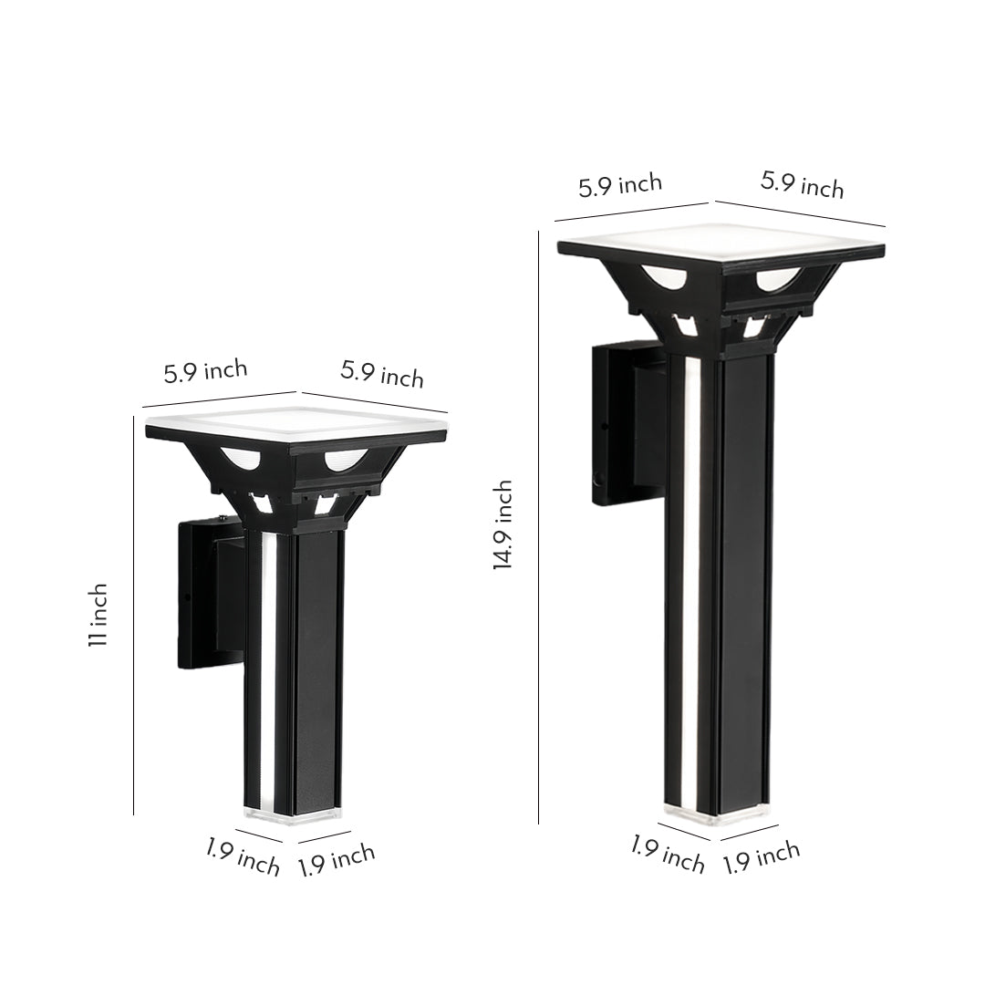 Modern black outdoor wall column lights with measurement diagram on white background.