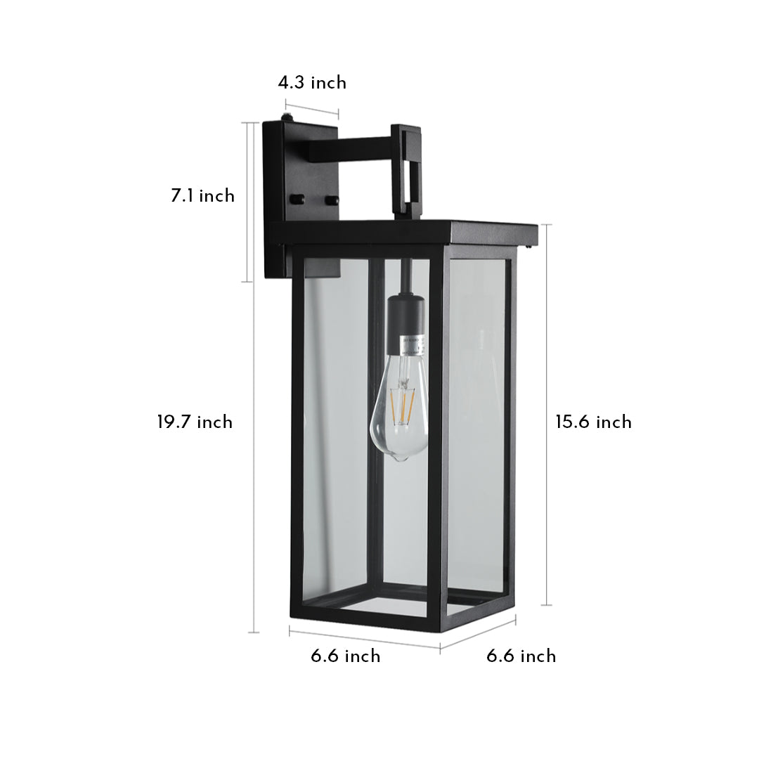 Modern black exterior lantern wall light with clear glass panels, featuring dimensions and a classic rectangular design.