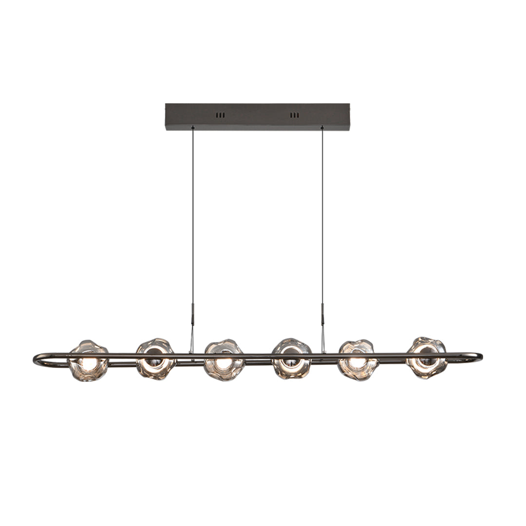 Modern rise and fall pendant light featuring black finish with multiple clear glass globe elements